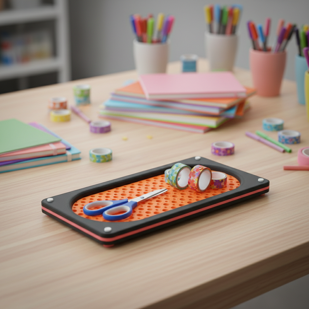 Orange mesh tray with craft supplies on wood table - lifestyle