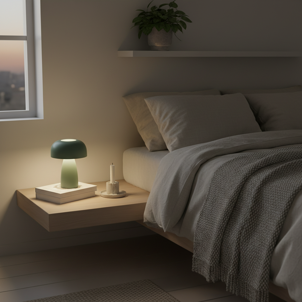 Wibble Desk Lamp on Scandinavian bedroom bedside table