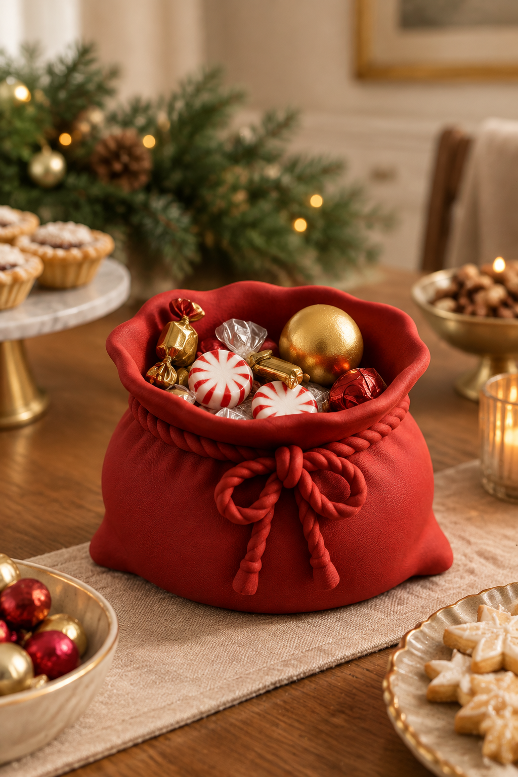 Red sack sweet bowl on a festive buffet table