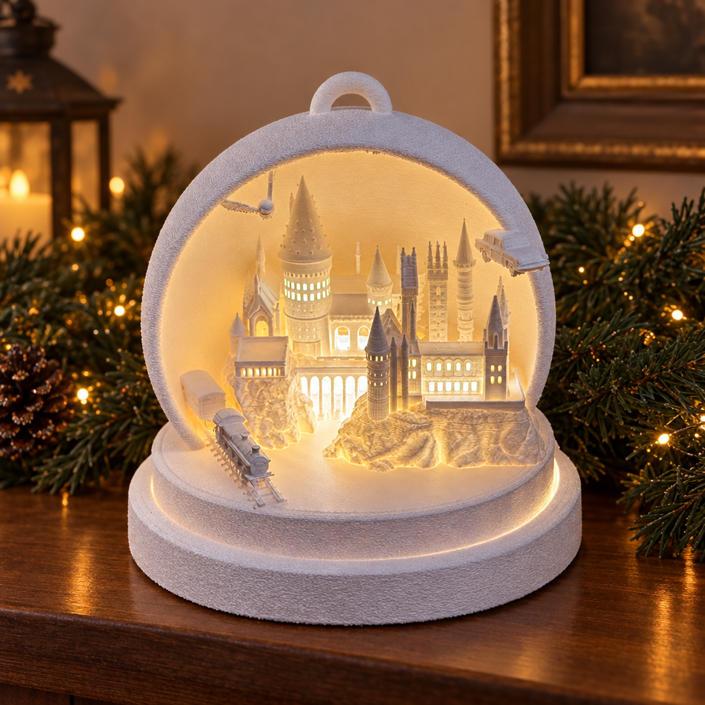 Cathedral Tealight Holder on a festive shelf with soft evergreen and lights