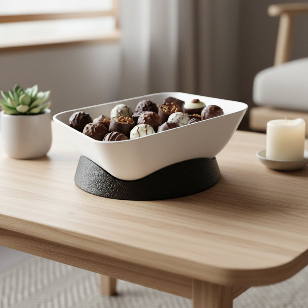 Matte white Modern Two-Piece Snack Bowl with chocolates on a minimalist Japandi coffee table