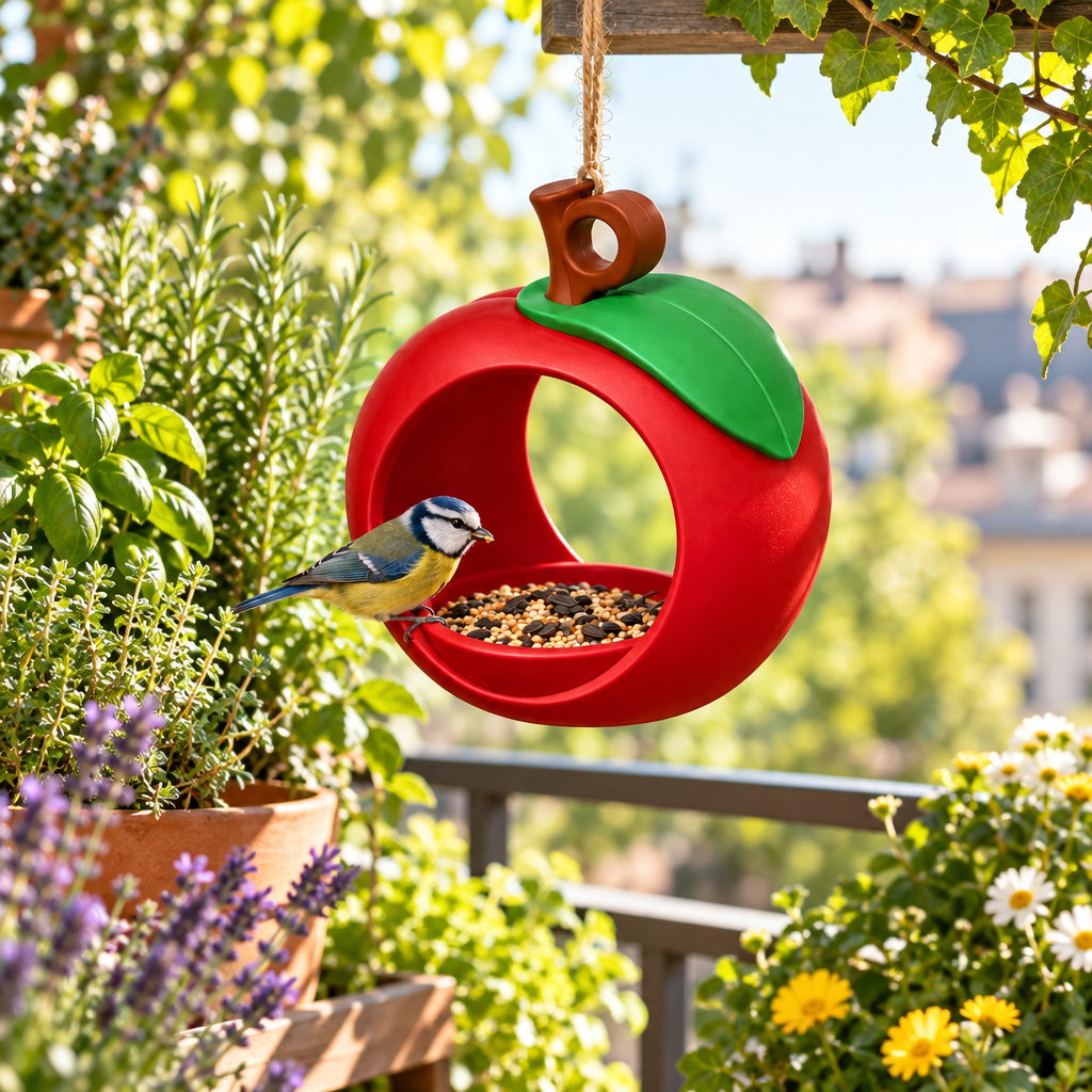 Apple bird feeder hanging by balcony herbs