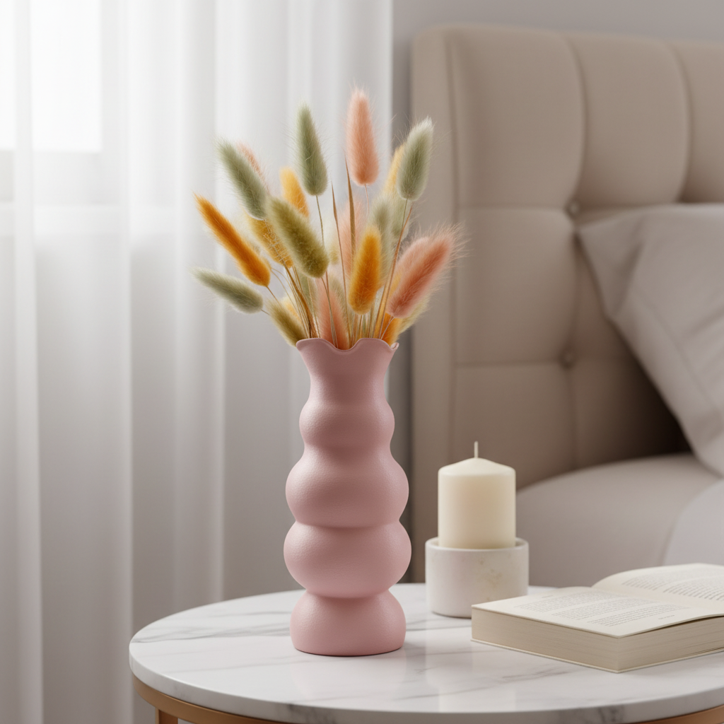 Dusty pink tulip-inspired vase with dried bunny tail grass on a marble side table with a candle