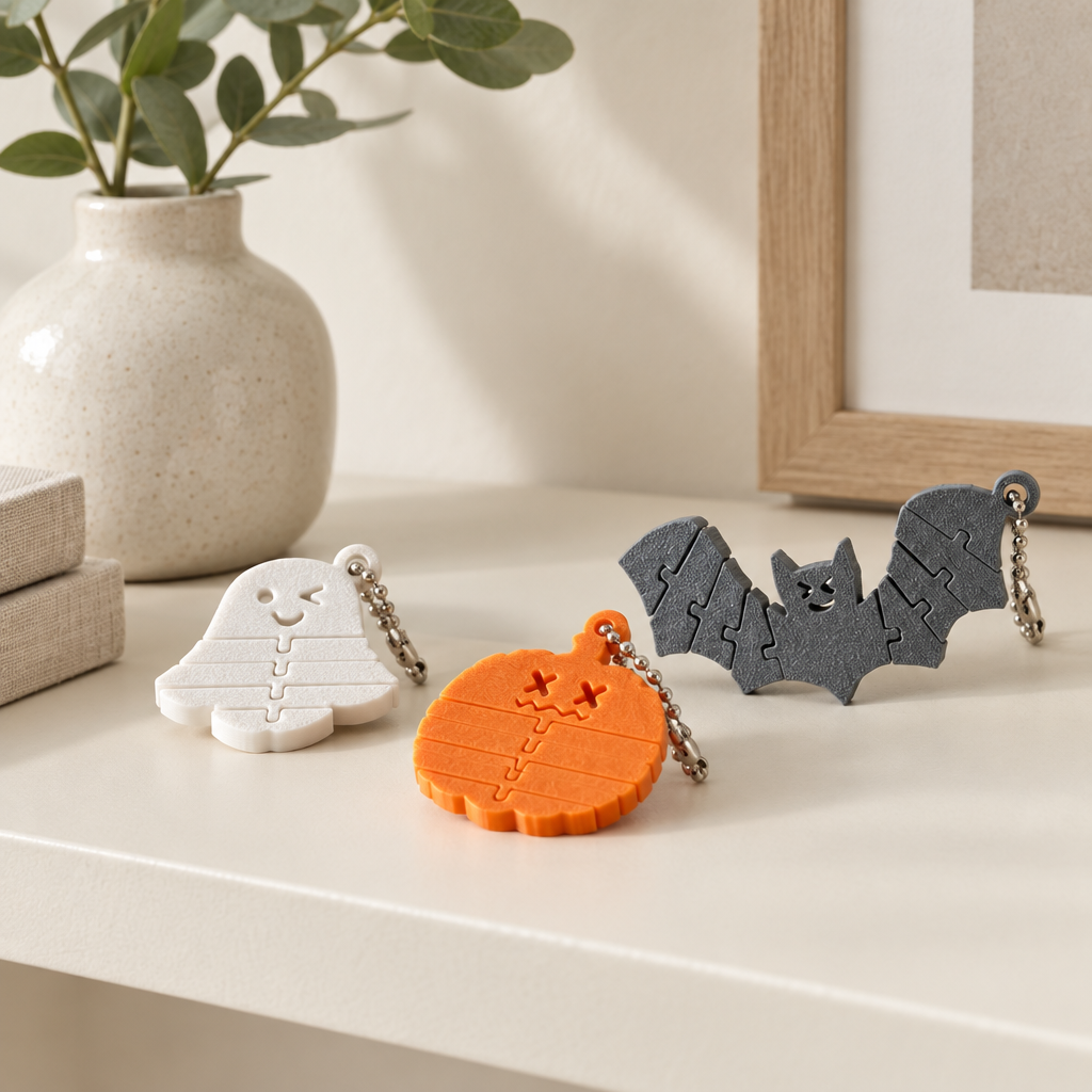 Spookyflex trio on a cream shelf