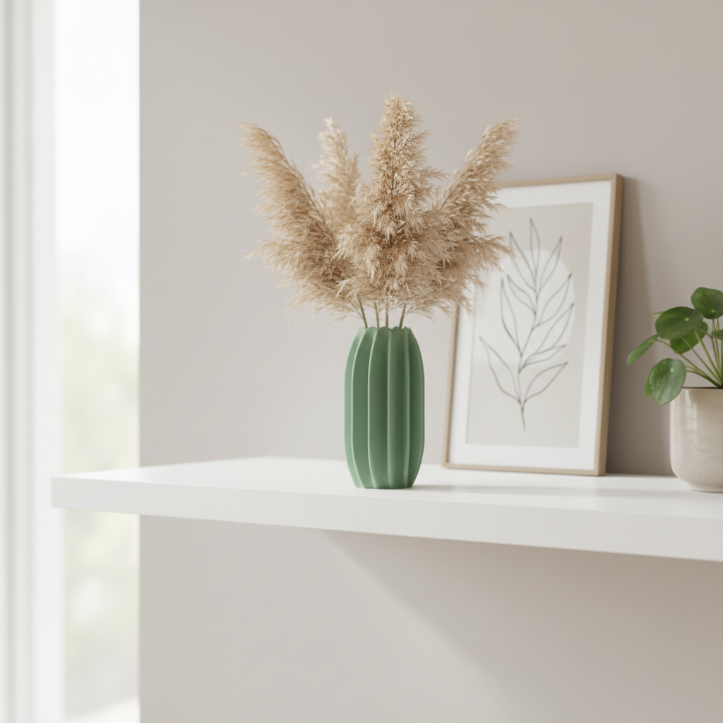 Elegant Finned Decorative Vase on minimalist shelf with pampas grass