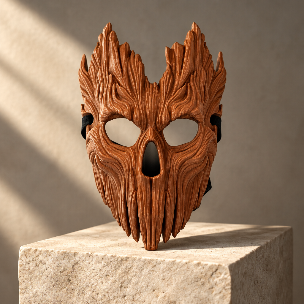 Skullbark Mask on pale stone plinth