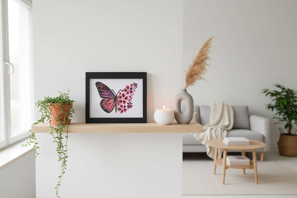 Butterfly shadow box on a wooden shelf in a Scandinavian living room with plants and candles