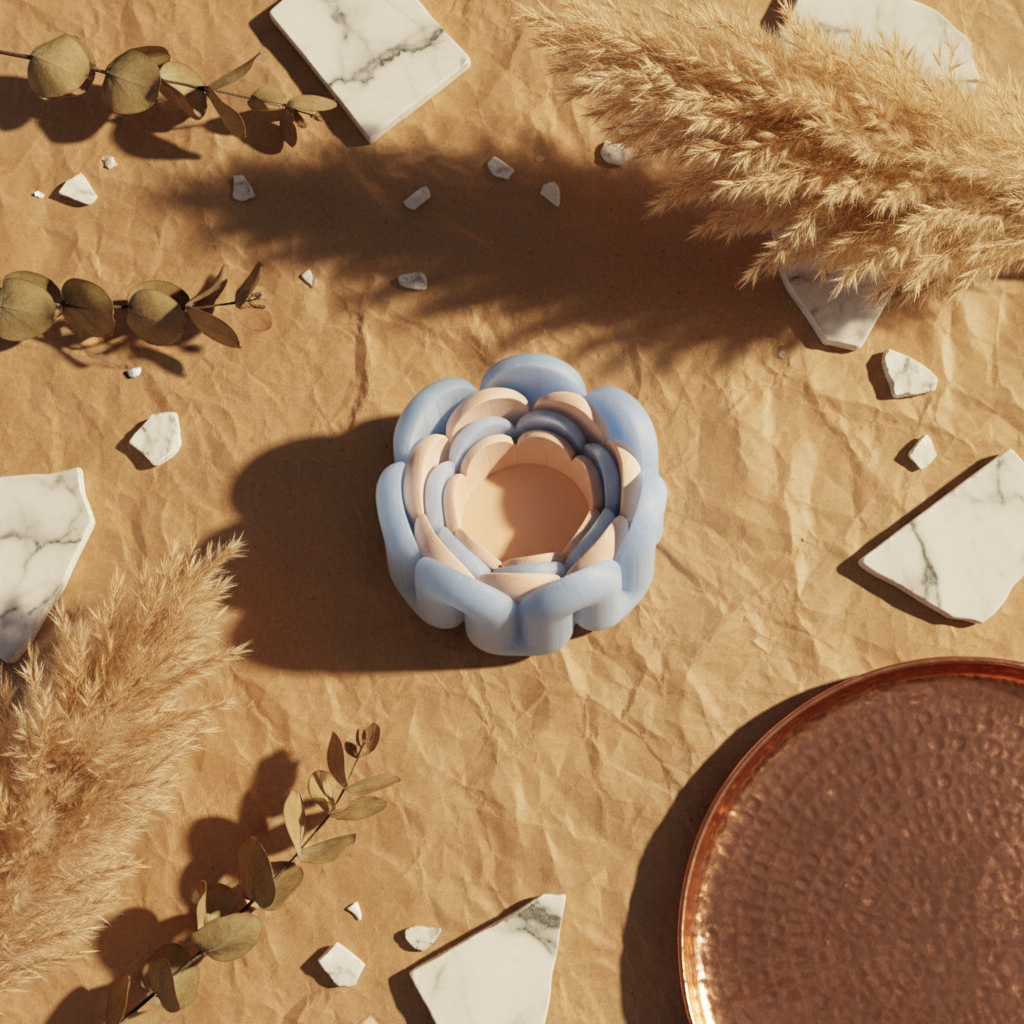 Overhead flat lay blue wibble nested trays on kraft paper with eucalyptus pampas grass and copper tray