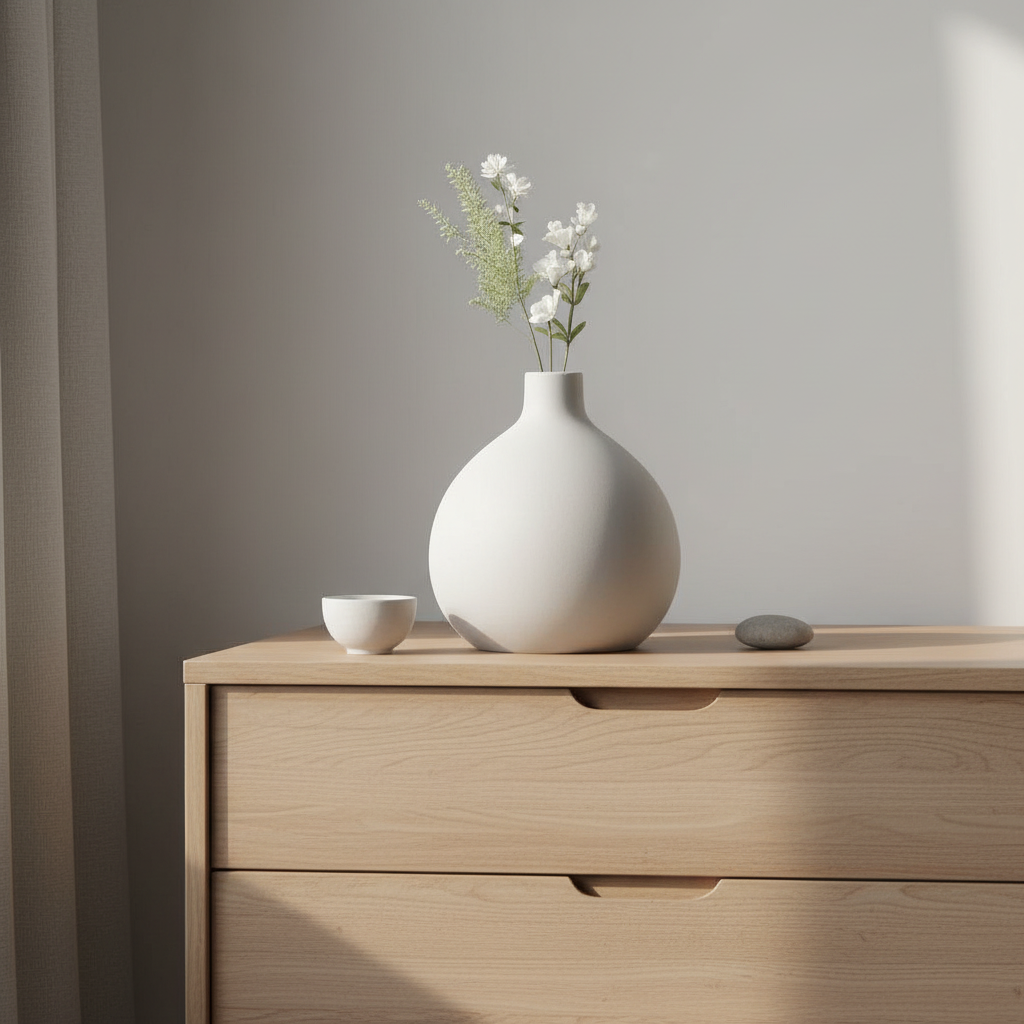 Minimalist geometric vase on a bedroom chest of drawers with dried flowers
