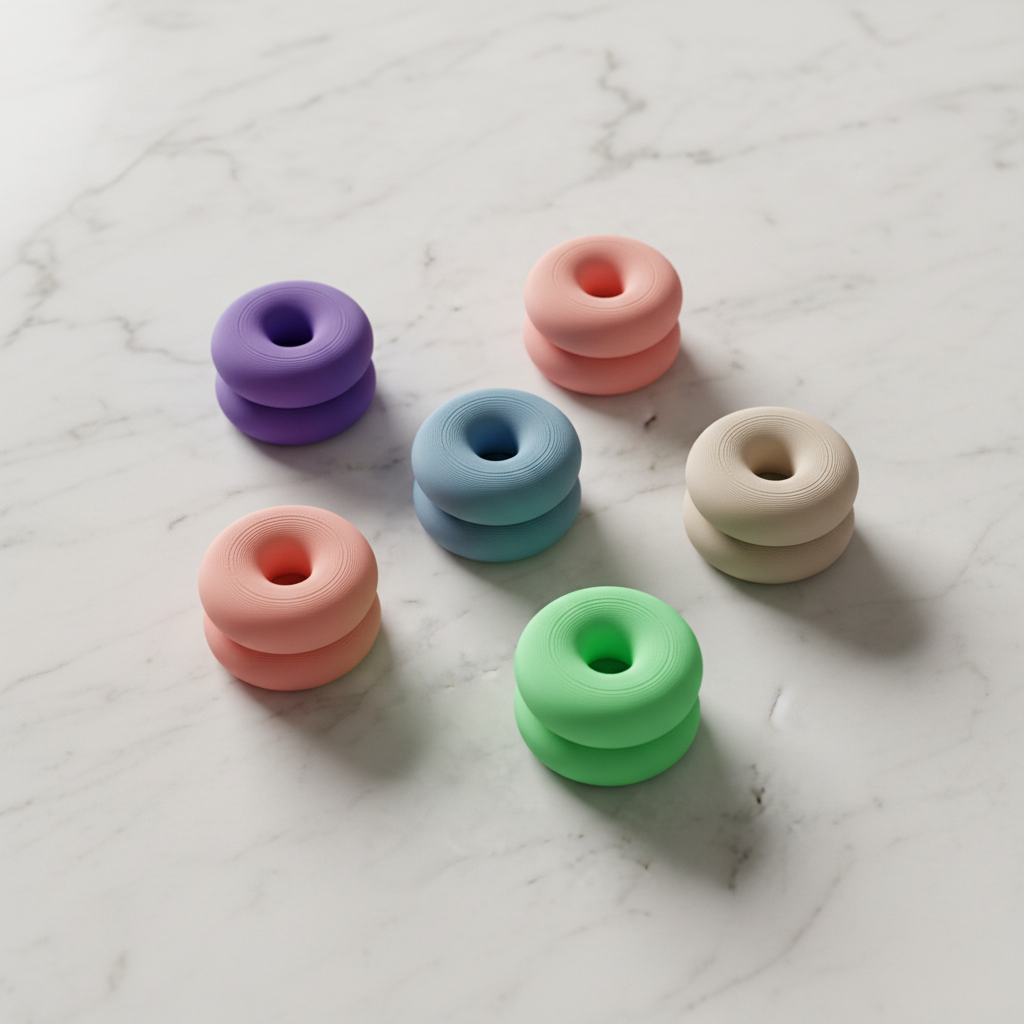 Multi-colour double donut knobs flat lay on white marble - lifestyle