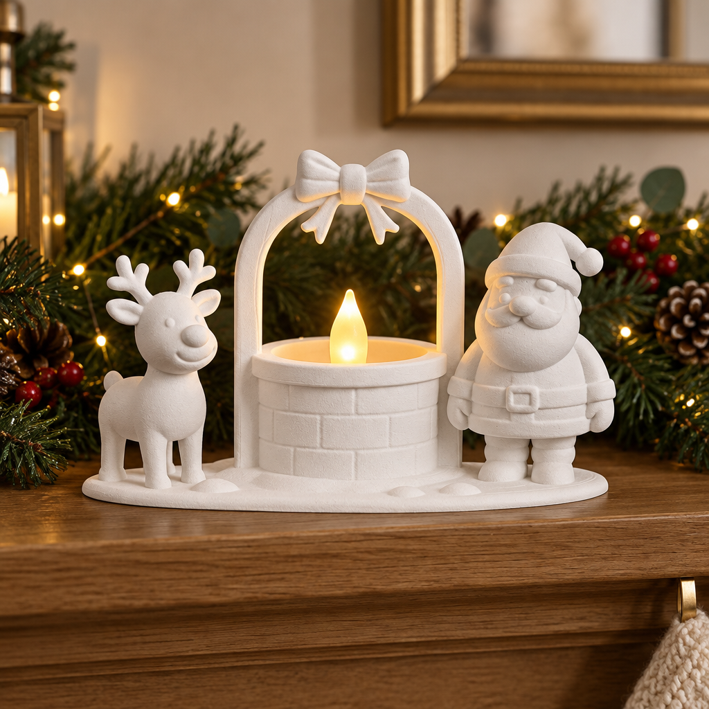 Santa and reindeer tealight well holder styled on a mantel with evergreen garland