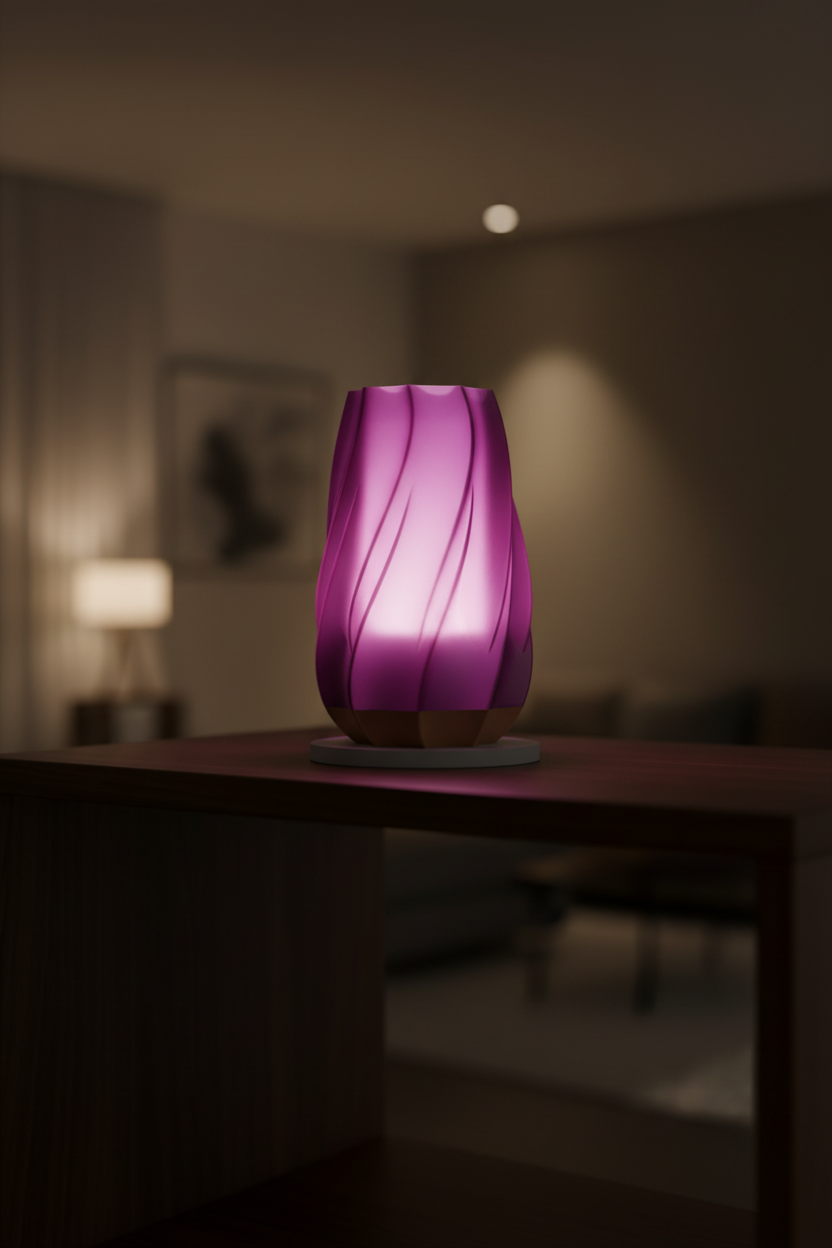 Twisted Glow Table Lamp purple translucent twist-fin body warm purple-pink glow white base dark walnut shelf moody living room dramatic raking side light