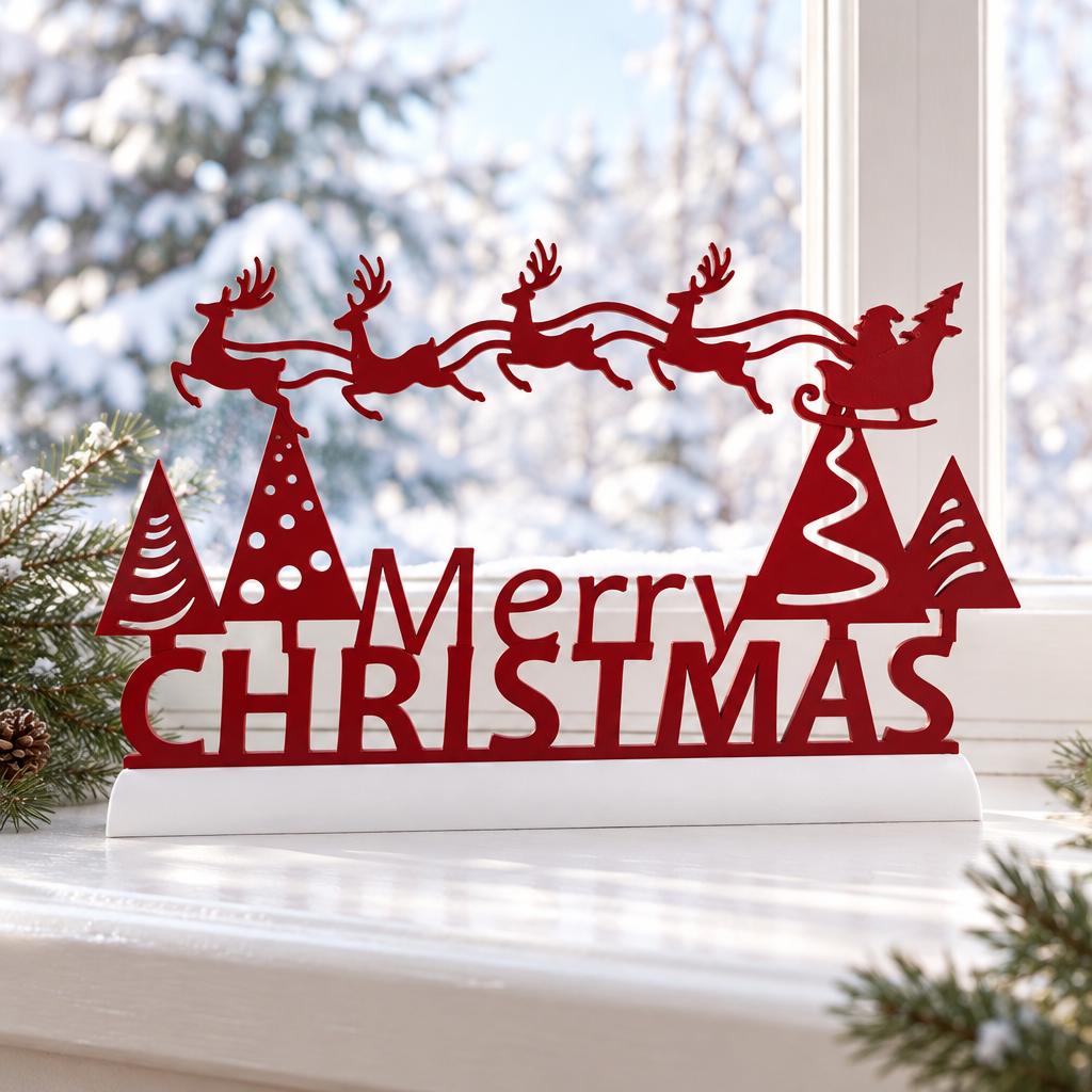 Red Merry Christmas sign with the original white base displayed by a winter window