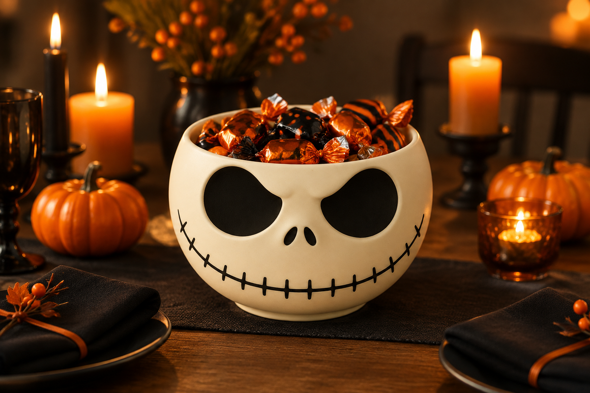 Cream-white skull bowl filled with wrapped candy on a Halloween dining table with pumpkins and candles