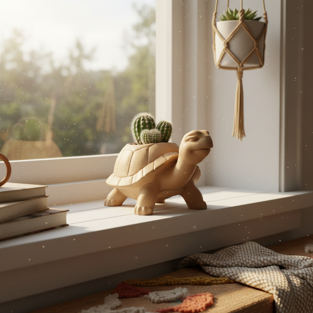 Warm beige turtle planter with a tiny cactus on a sunny windowsill in golden hour light