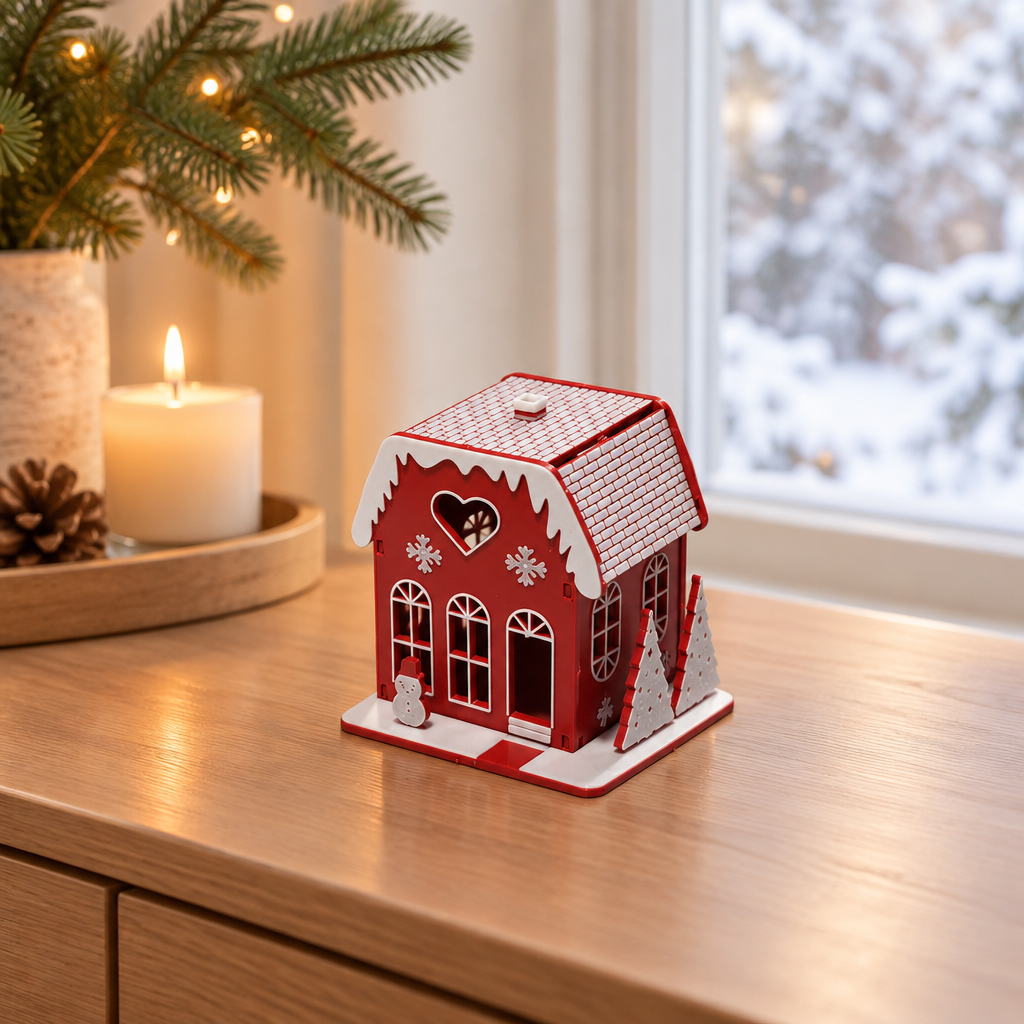 Red miniature Christmas house on a sideboard beside a winter window