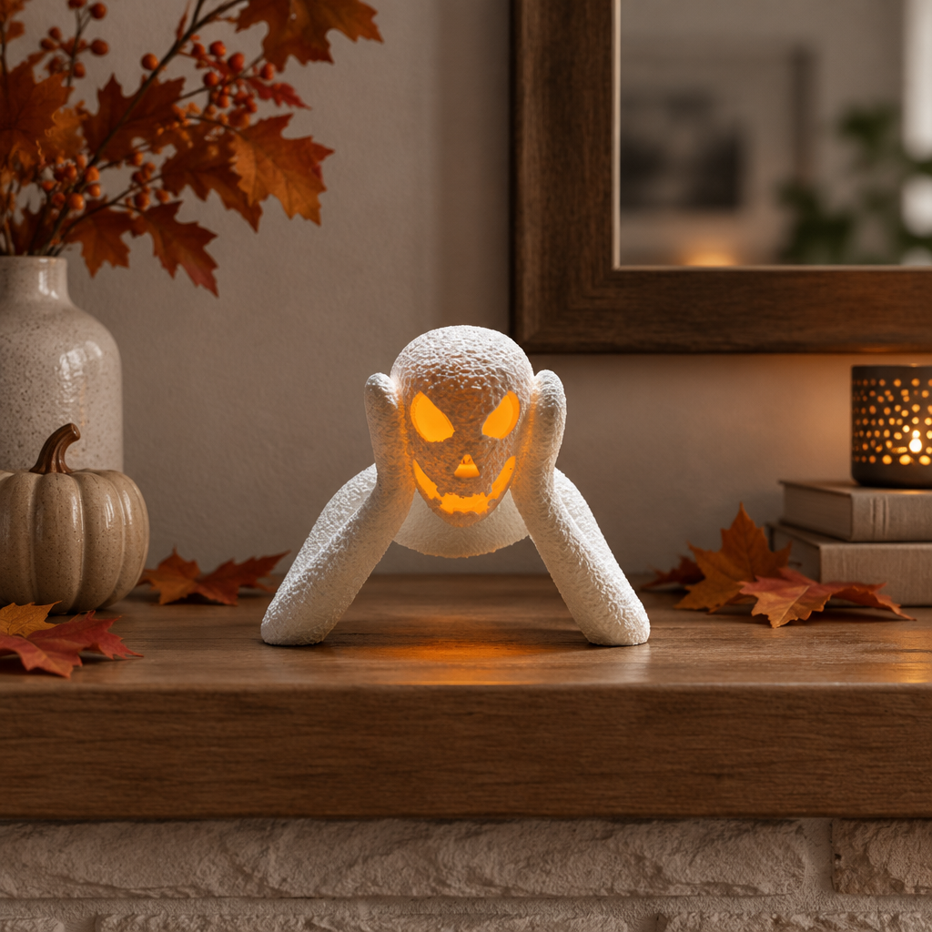 White textured NOBODY LANTERN with warm orange glowing face on a modern autumn mantel