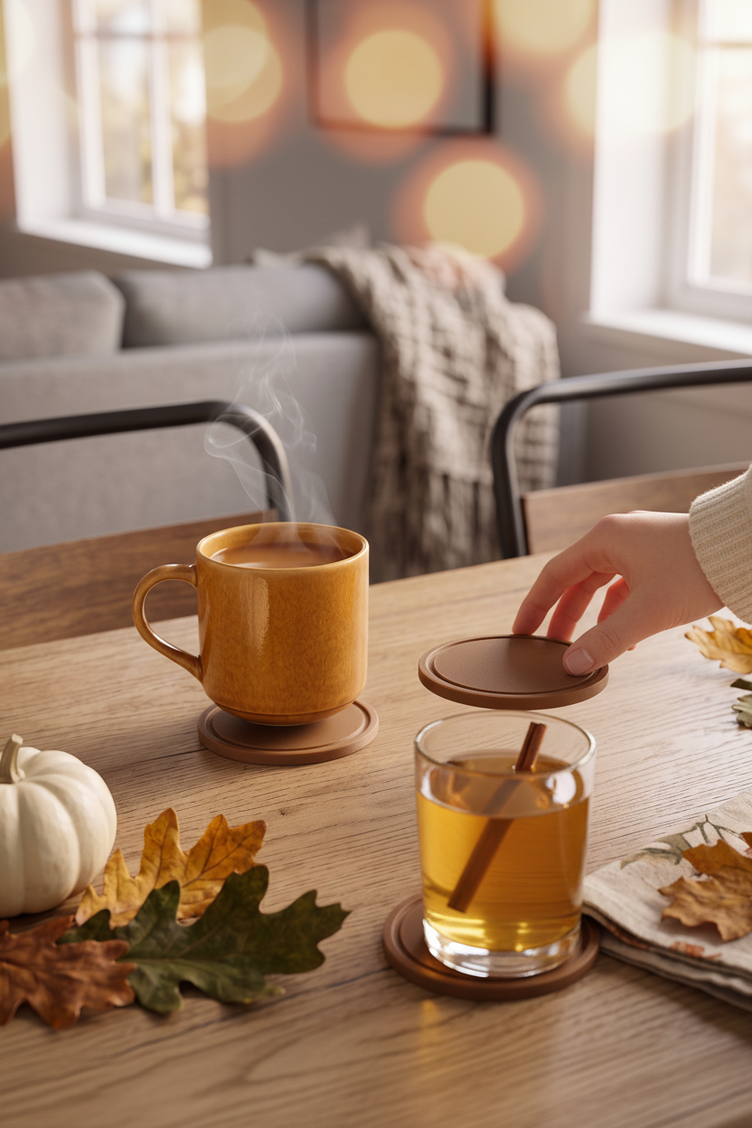 Hand pulling coaster from pumpkin holder beside glass of apple cider