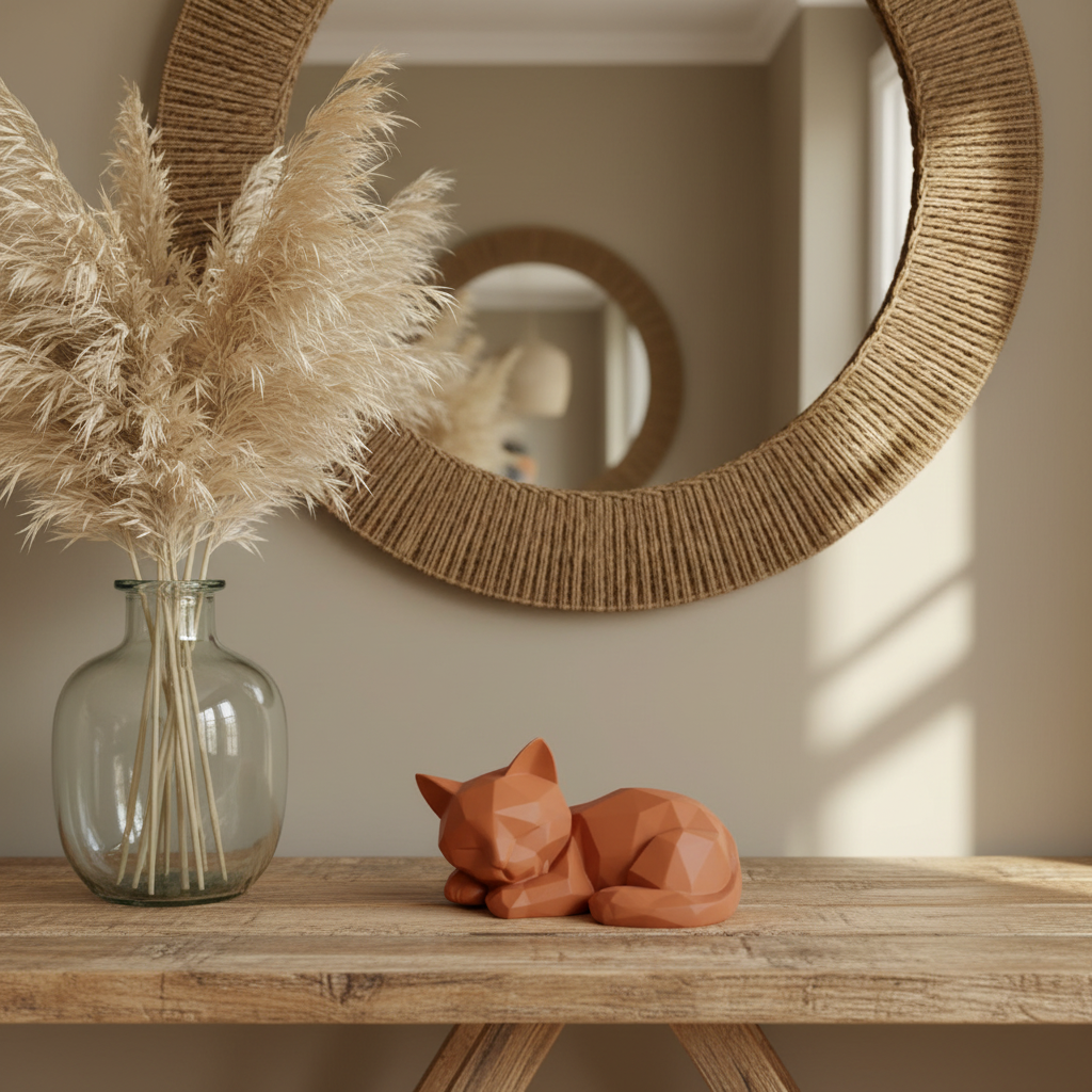 Terracotta orange Low-Poly Sleeping Kitten Sculpture on a rustic boho entryway console with pampas grass