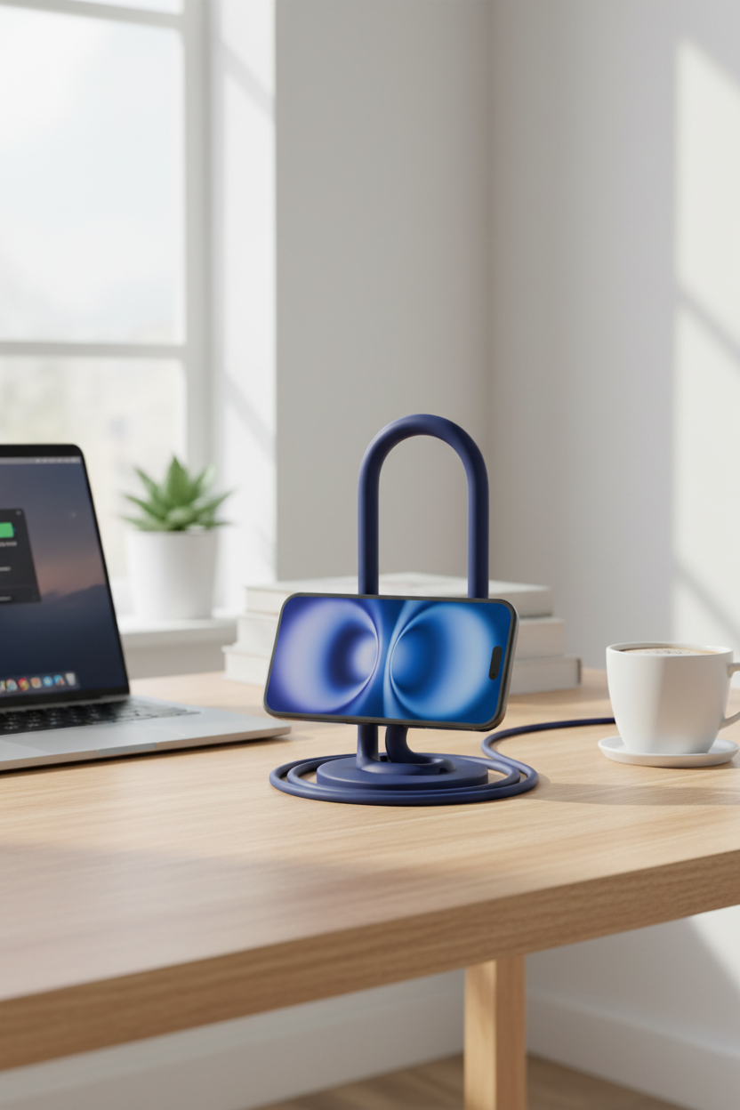 Navy loop stand on desk with laptop - home office lifestyle