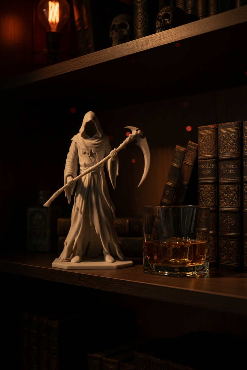 Grim Reaper figure on mancave shelf with whiskey and leather books