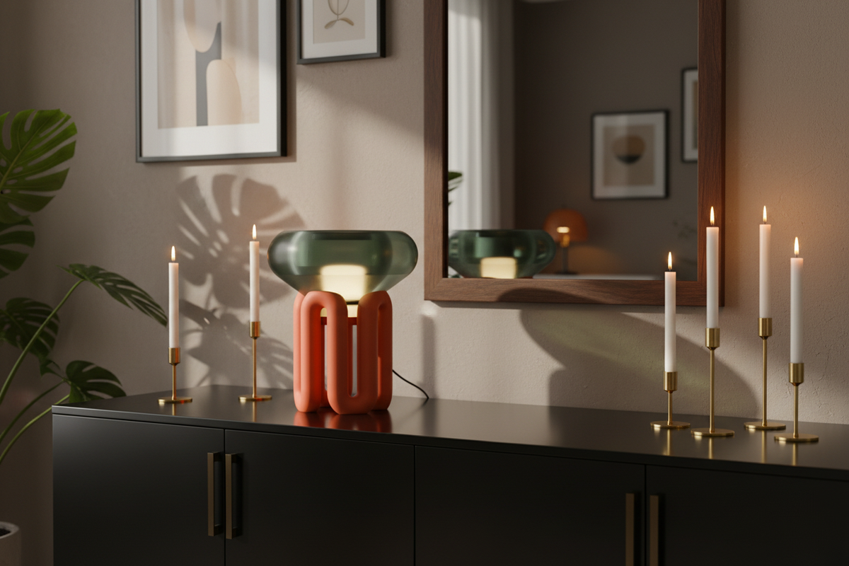 Coral Wibble Base Lamp with translucent green shade on a dining room sideboard