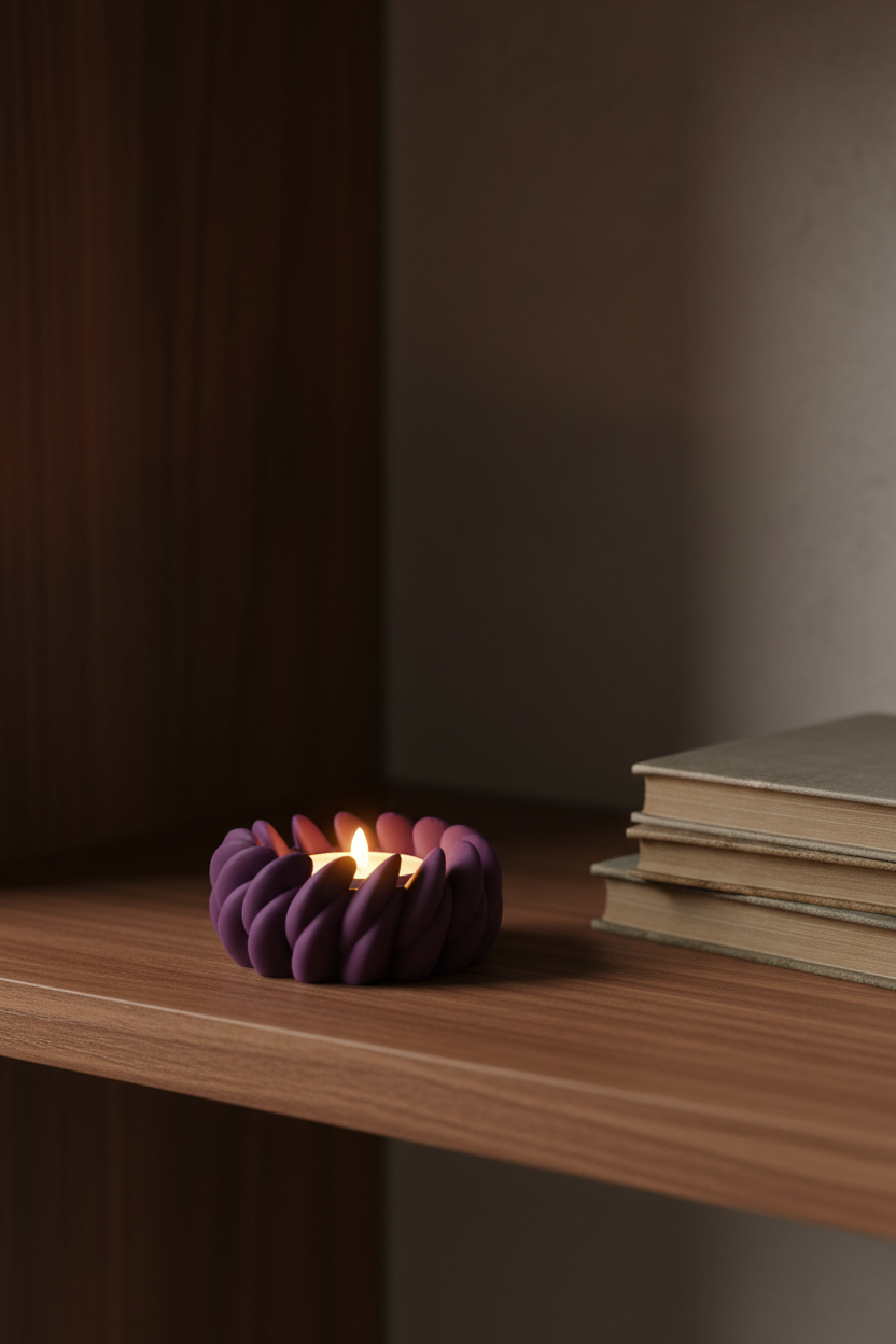 Swirl Tealight Holder deep purple spiral twisted petal texture warm LED glow walnut shelf moody reading nook stack of books dramatic raking side light portrait