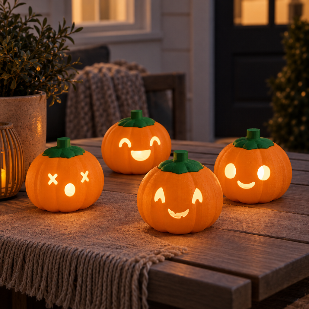 Four pumpkin lanterns on a covered porch table