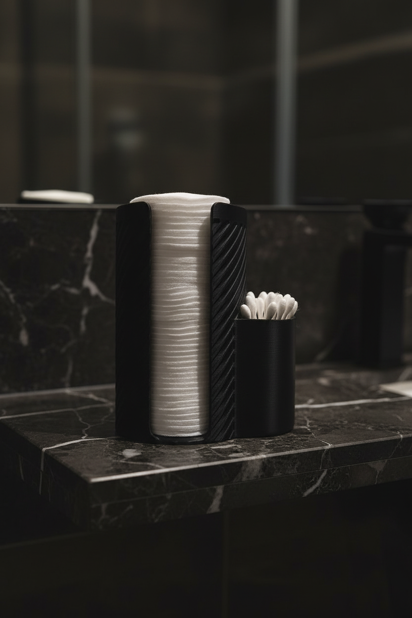 Matte black MakeUpMate organizer on dark marble shelf with cotton pads and cotton buds