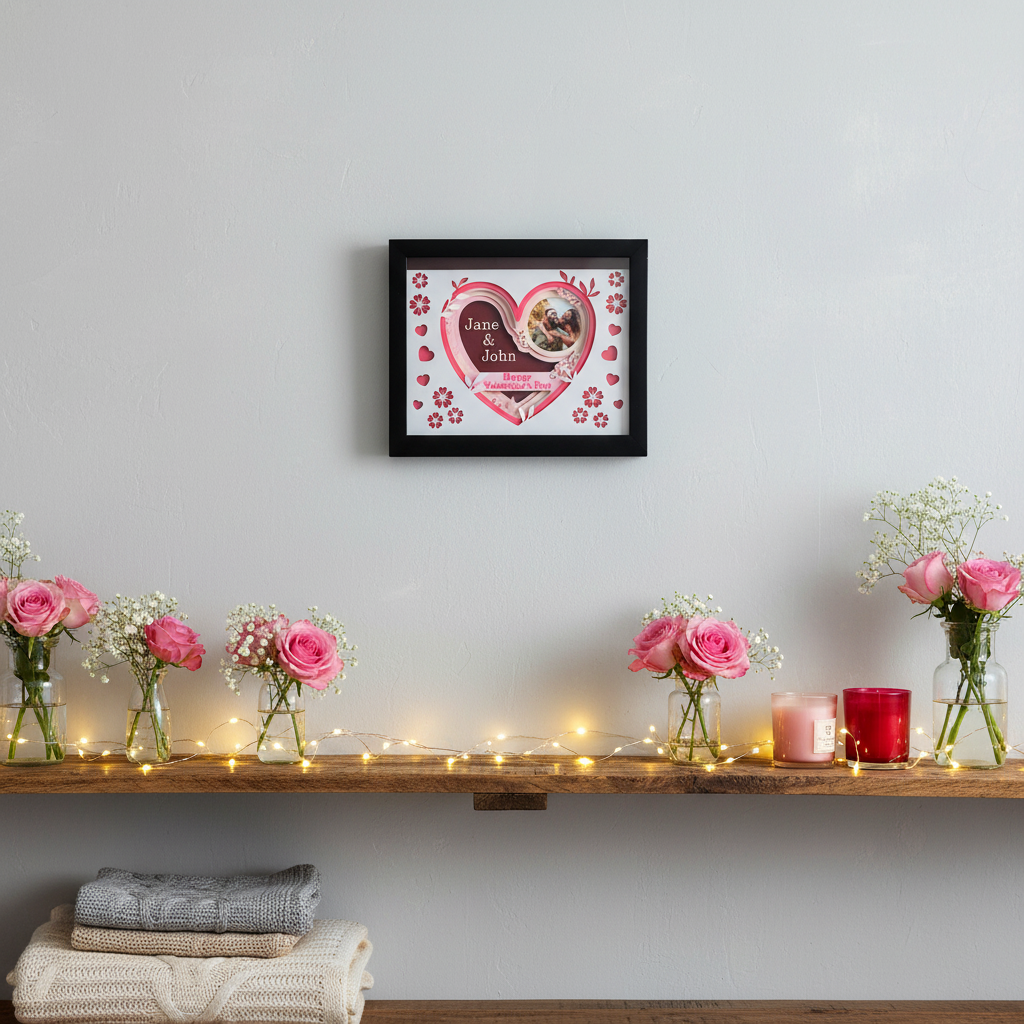 Personalised Valentine's Day Heart Shadow Box displayed on light grey living room wall above shelf with fairy lights and flowers