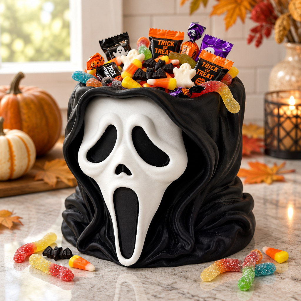 Three-quarter view of the black Ghostface-inspired head bowl with wrapped sweets on a stone kitchen counter