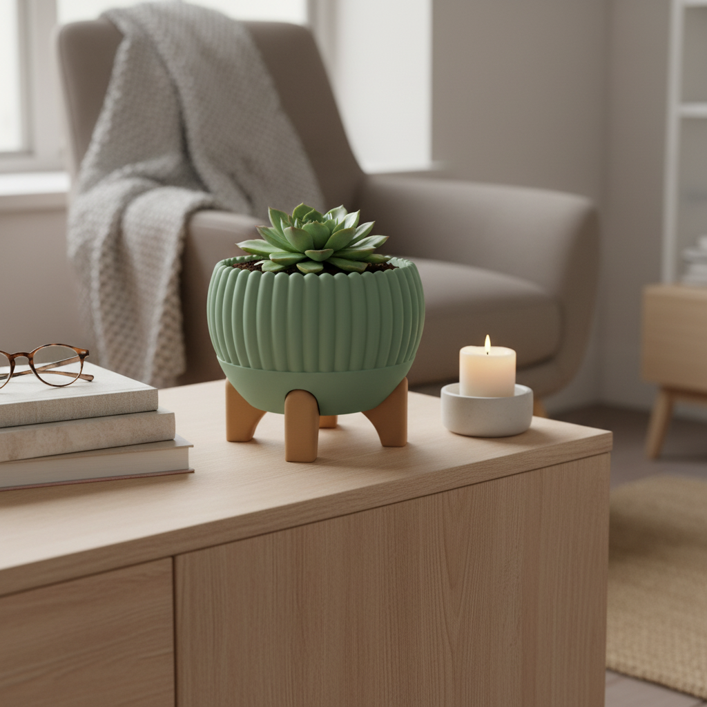 Sage green Luma ribbed planter with succulent on a wooden sideboard in a Scandinavian interior