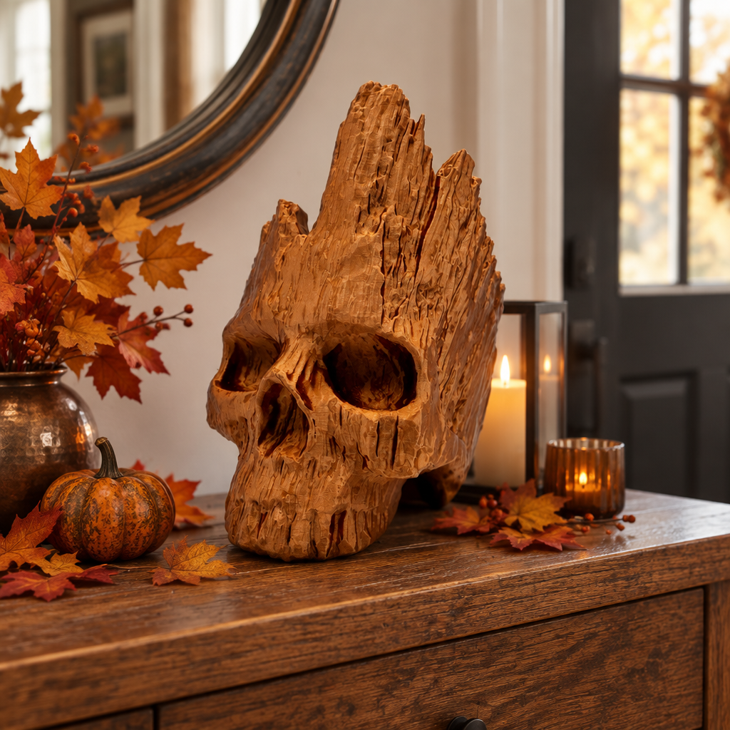 Brown wood-effect skull on a console with autumn leaves