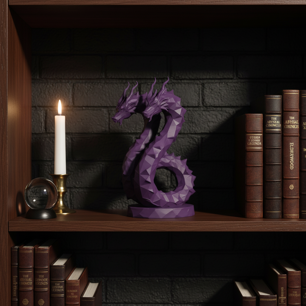 Low Poly Hydra Dragon Sculpture in purple — displayed on dark bookcase with fantasy books, crystals and candle, moody atmospheric lighting