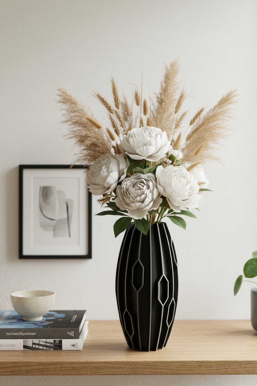 Black diamond rib vase with white peonies on warm oak sideboard Scandinavian interior lifestyle
