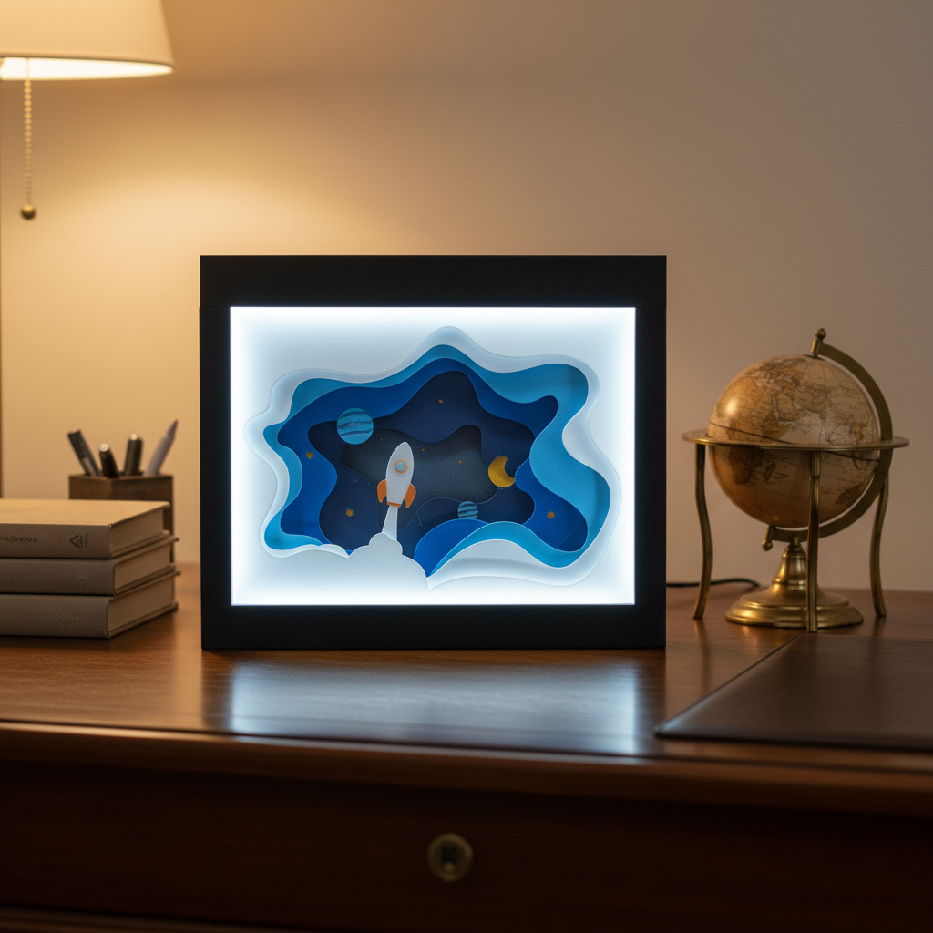 Space Rocket Shadow Box displayed on a dark home office desk with books and a globe