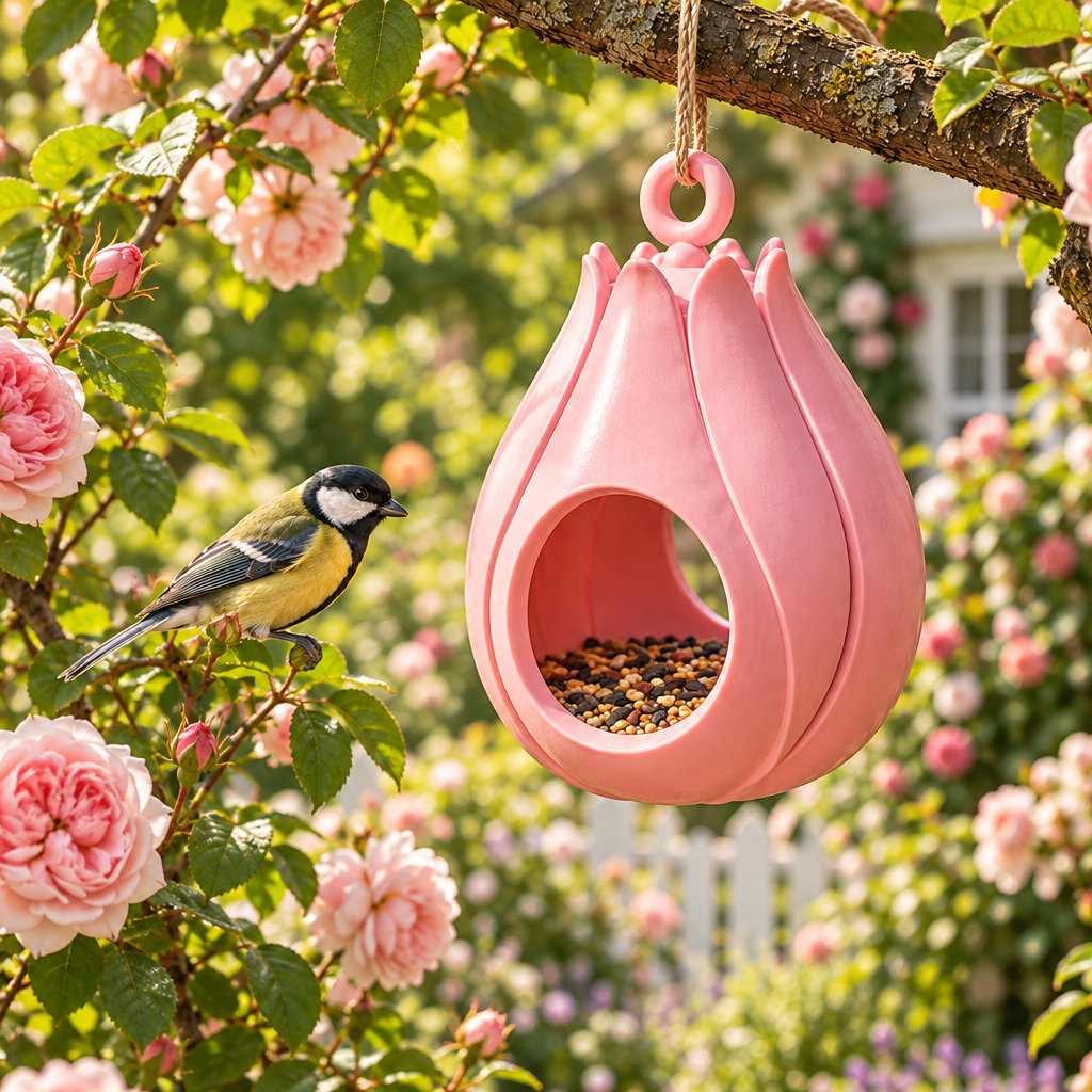 Pink Bud Blossom bird feeder in cottage rose garden