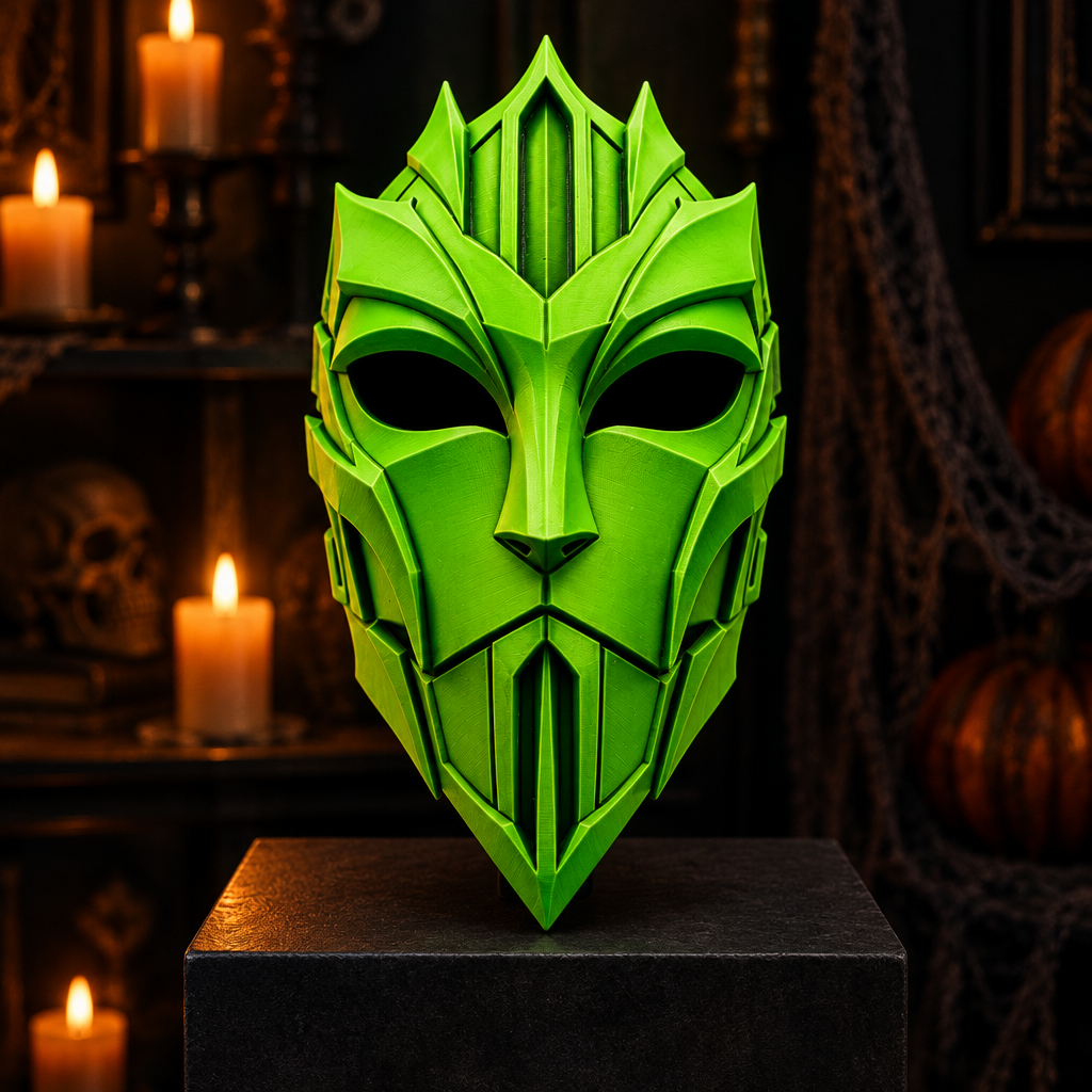 Neon green angular knight mask in a Halloween display, no strap included