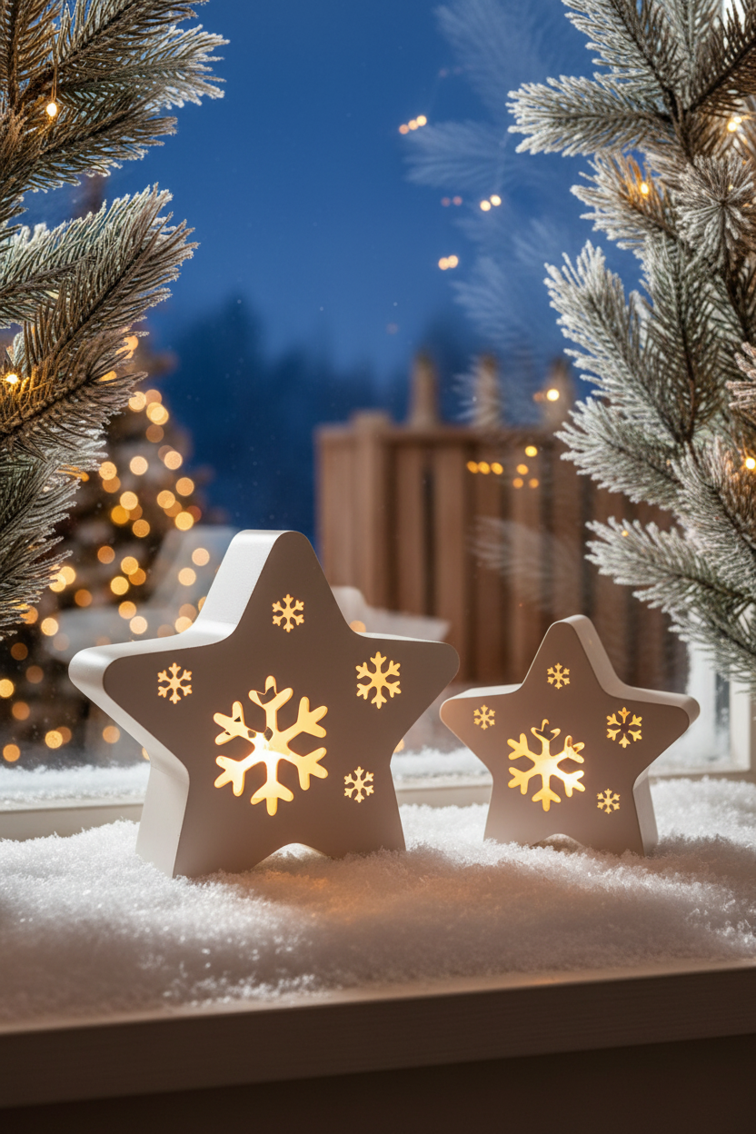 Two white star snowflake tealight holders glowing on snowy windowsill dusk winter sky lifestyle