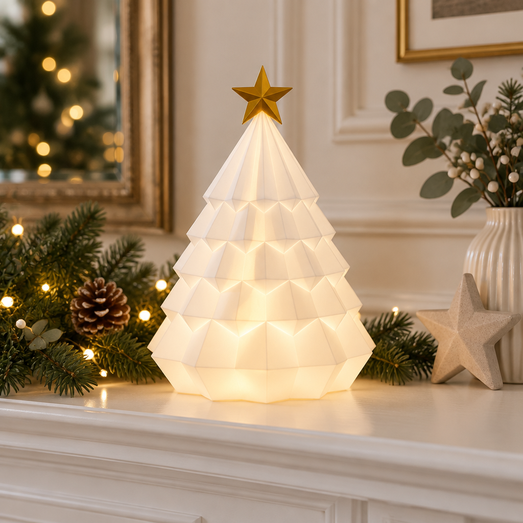 White faceted tiered Christmas tree tealight holder with a gold-coloured star glowing on a mantel