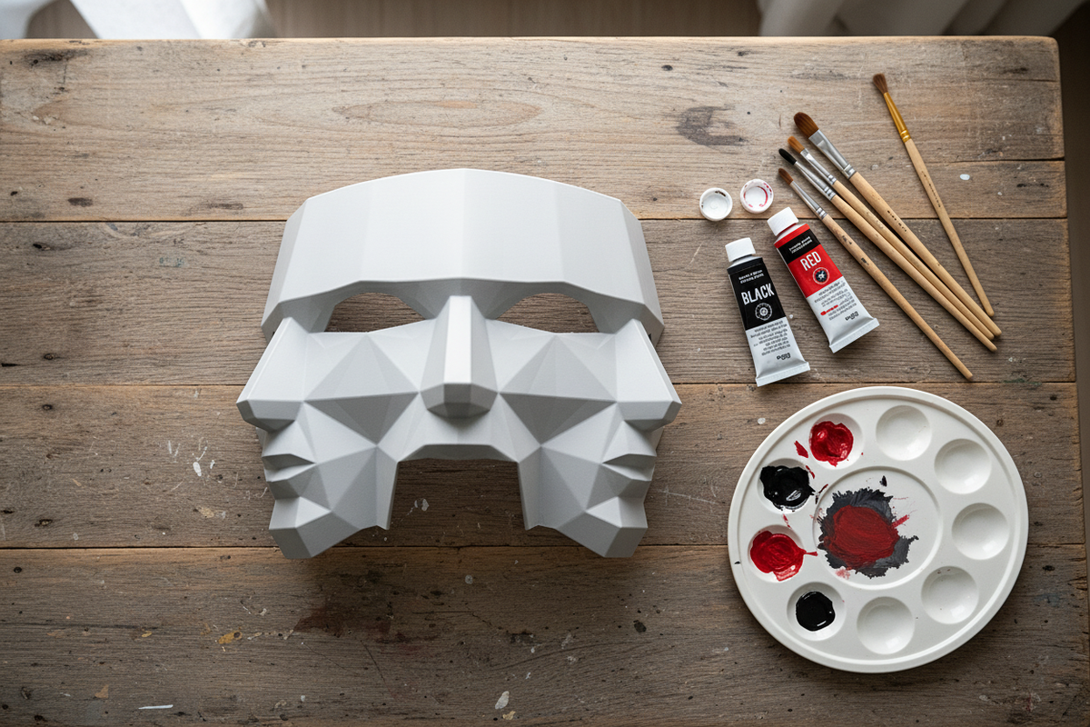 Three Faces of Fear Mask flat lay with paint brushes and acrylic paints — craft lifestyle