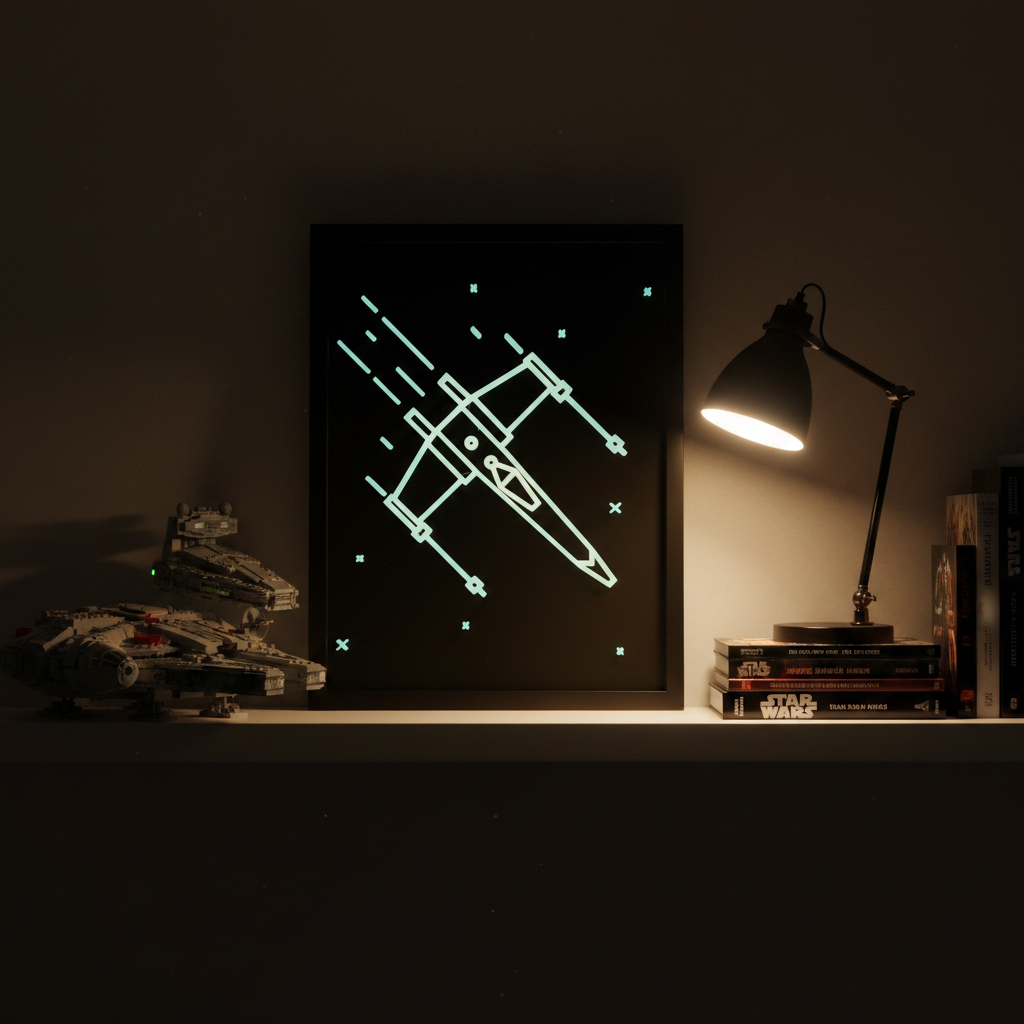 X-Wing neon line art shadow box on a bedroom shelf beside Star Wars Lego sets showing glow-in-the-dark effect