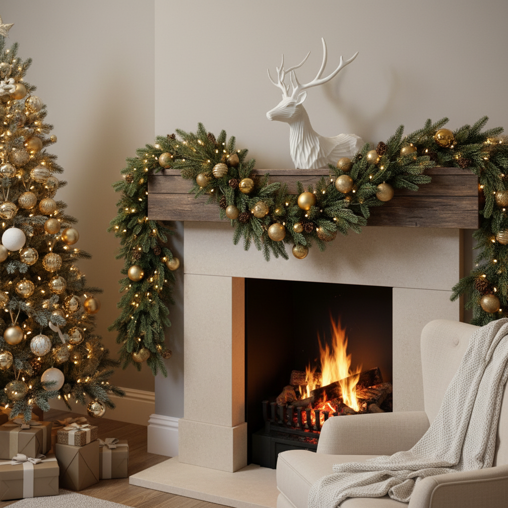White geometric stag on mantelpiece with pine garland fairy lights and gold baubles Christmas lifestyle