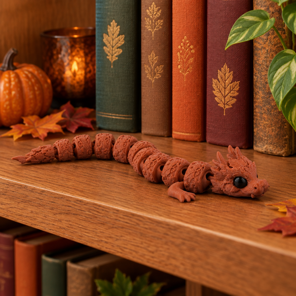 Autumn dragon on warm oak bookshelf