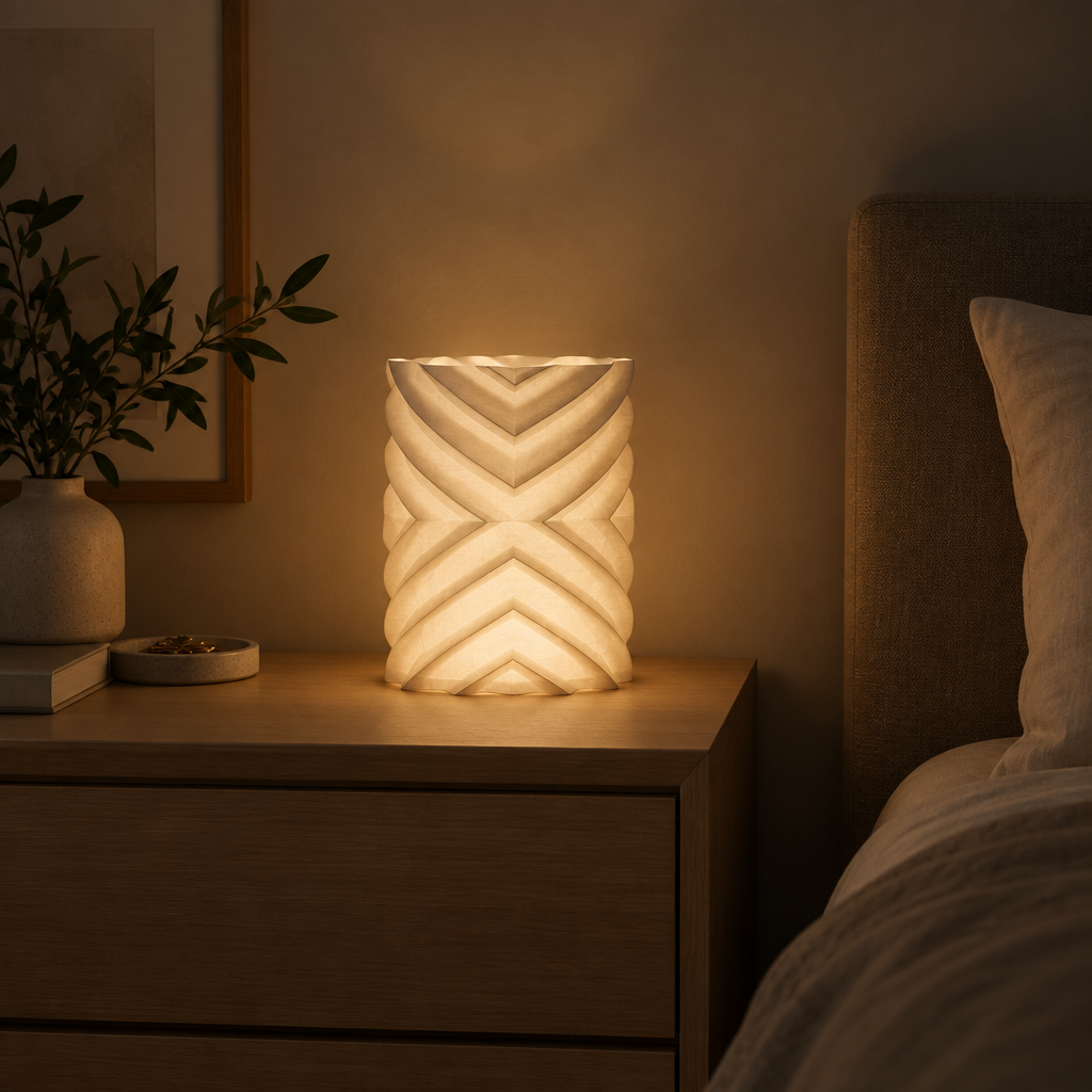 Geometric lampshade glowing softly on a bedroom dresser in a dim bedroom