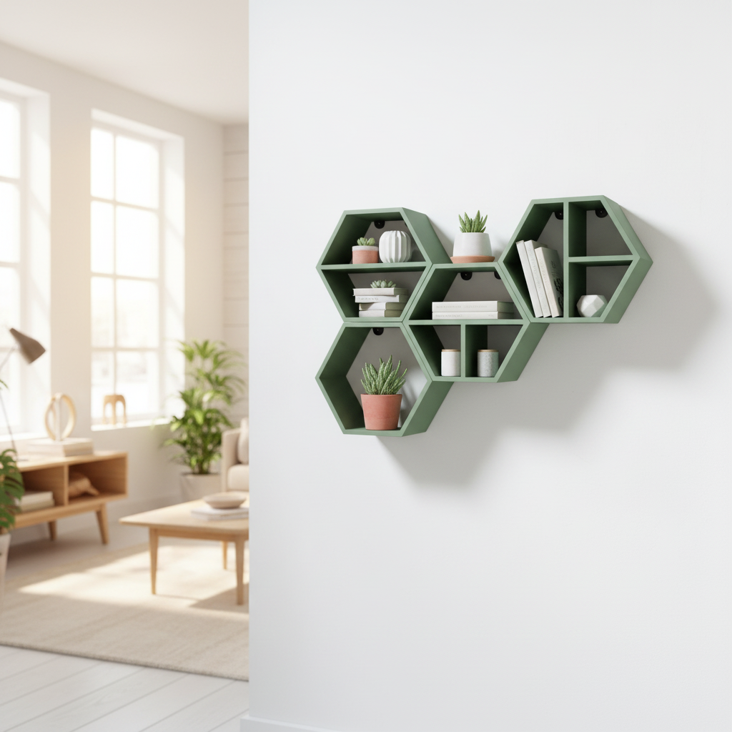 Sage green modular hexagonal shelf set, 5 units on white wall in Scandinavian living room with succulents and ceramics