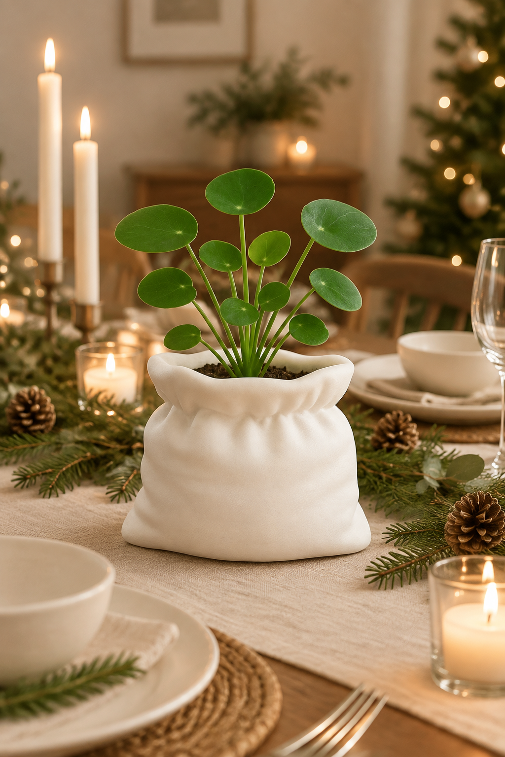 White sack planter with greenery styled on a Christmas dining table