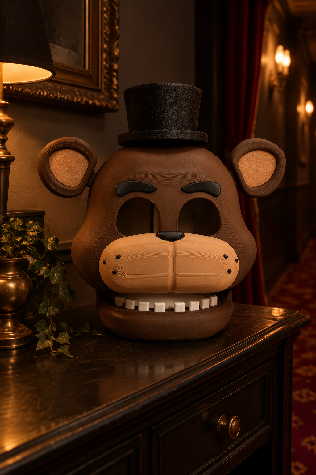 Brown bear Five Nights at Freddy's mask with black top hat displayed on a moody hallway console
