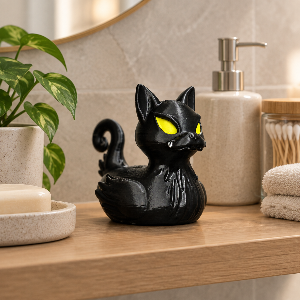 Glossy black cat bath duck styled on a minimalist bathroom shelf