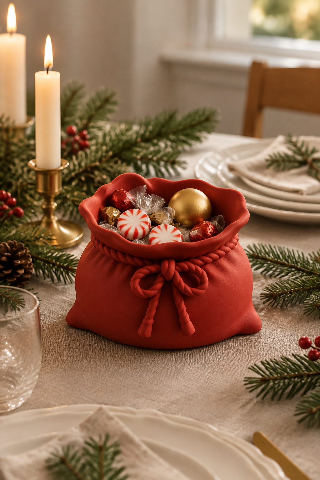 Red sack sweet bowl as a Christmas dining table centerpiece